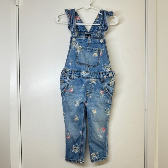 GAP Other - Baby Gap Denim Floral Bouquet Blue Jean Overalls Size 18-24 Months
